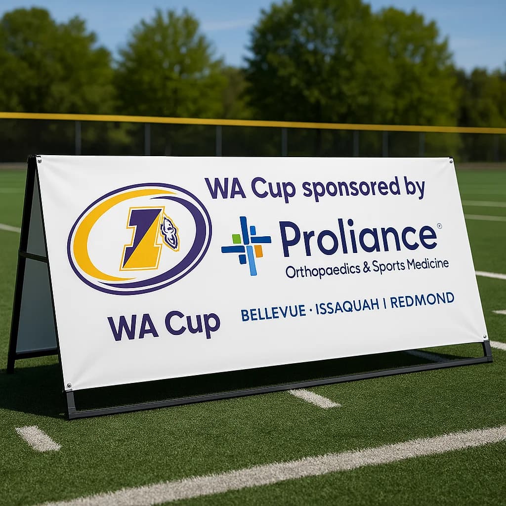 Illustrative mock-up of a WA Cup banner using Proliance branding as an example on an A-frame display