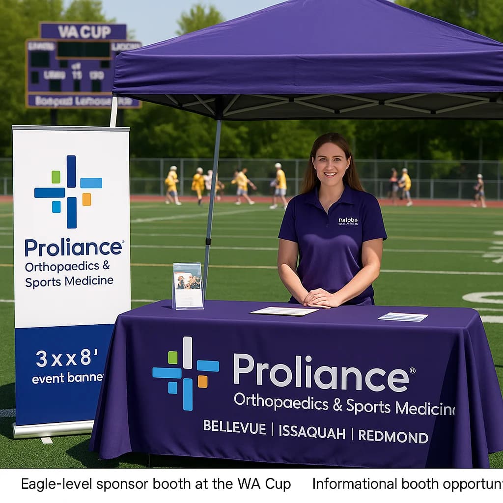 Illustrative mock-up of a booth with a purple canopy and sample Proliance branding at a lacrosse field