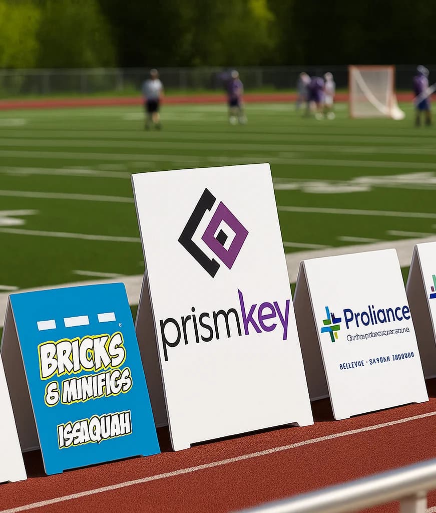 Illustrative mock-up of a larger individual field sign beside smaller signs, using sample business branding