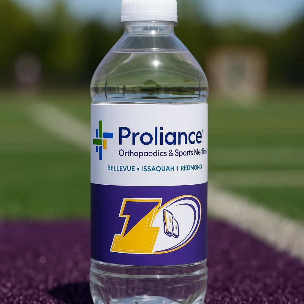 Illustrative mock-up of bottled water with sample Proliance and club branding