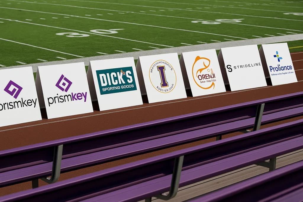Illustrative mock-up of small field signs with sample business branding along a lacrosse field